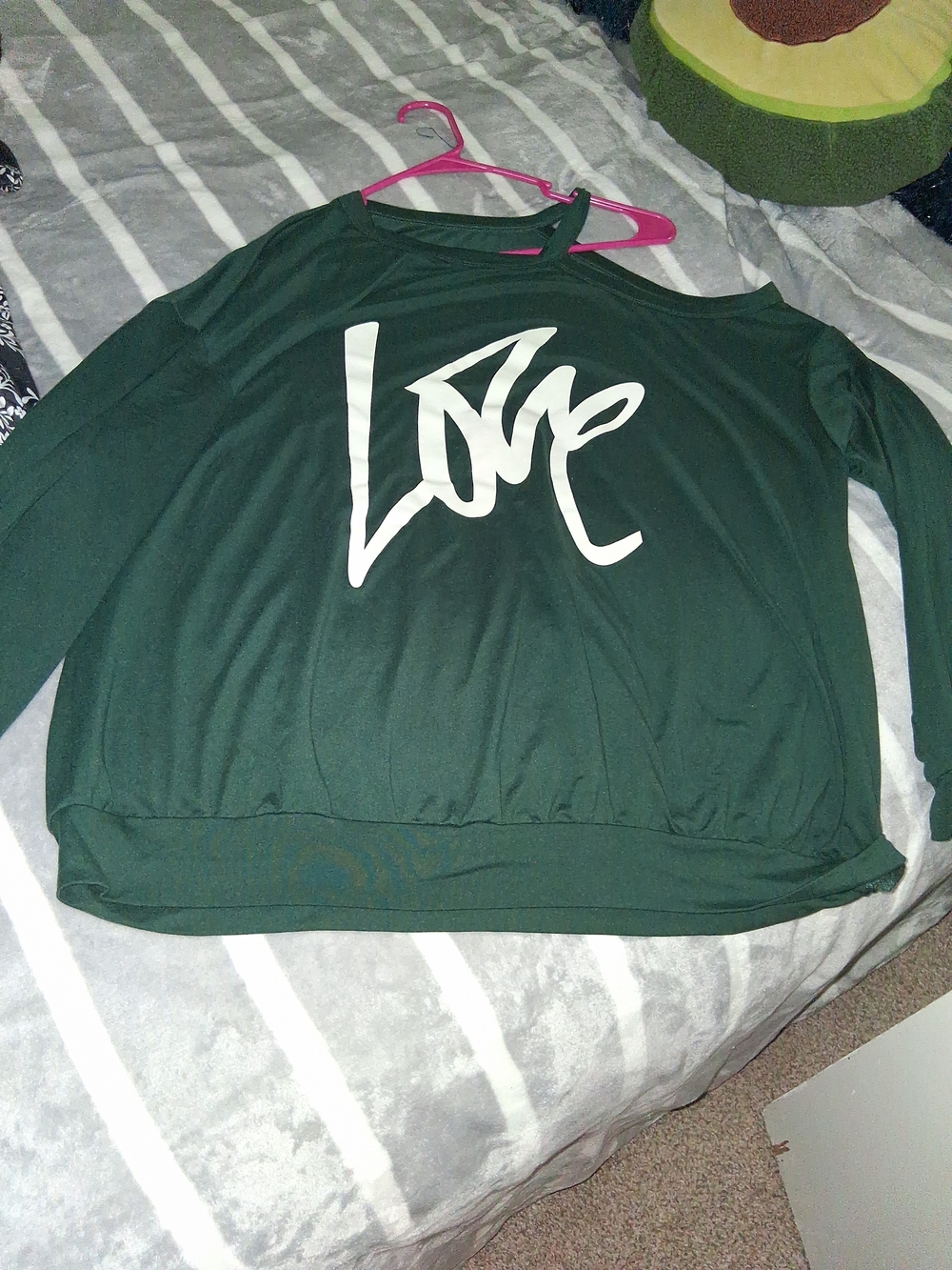 Green 'Love' Graphic Long Sleeve Top One Side Open Shoulder
